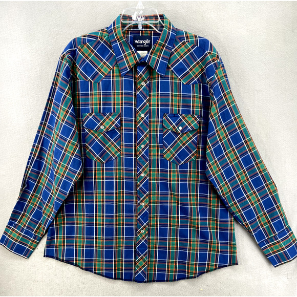 Wrangler Western Shirt Mens Sz XL Blue Orange Plaid Pearl‎ Snap Pockets Farm - Picture 1 of 9